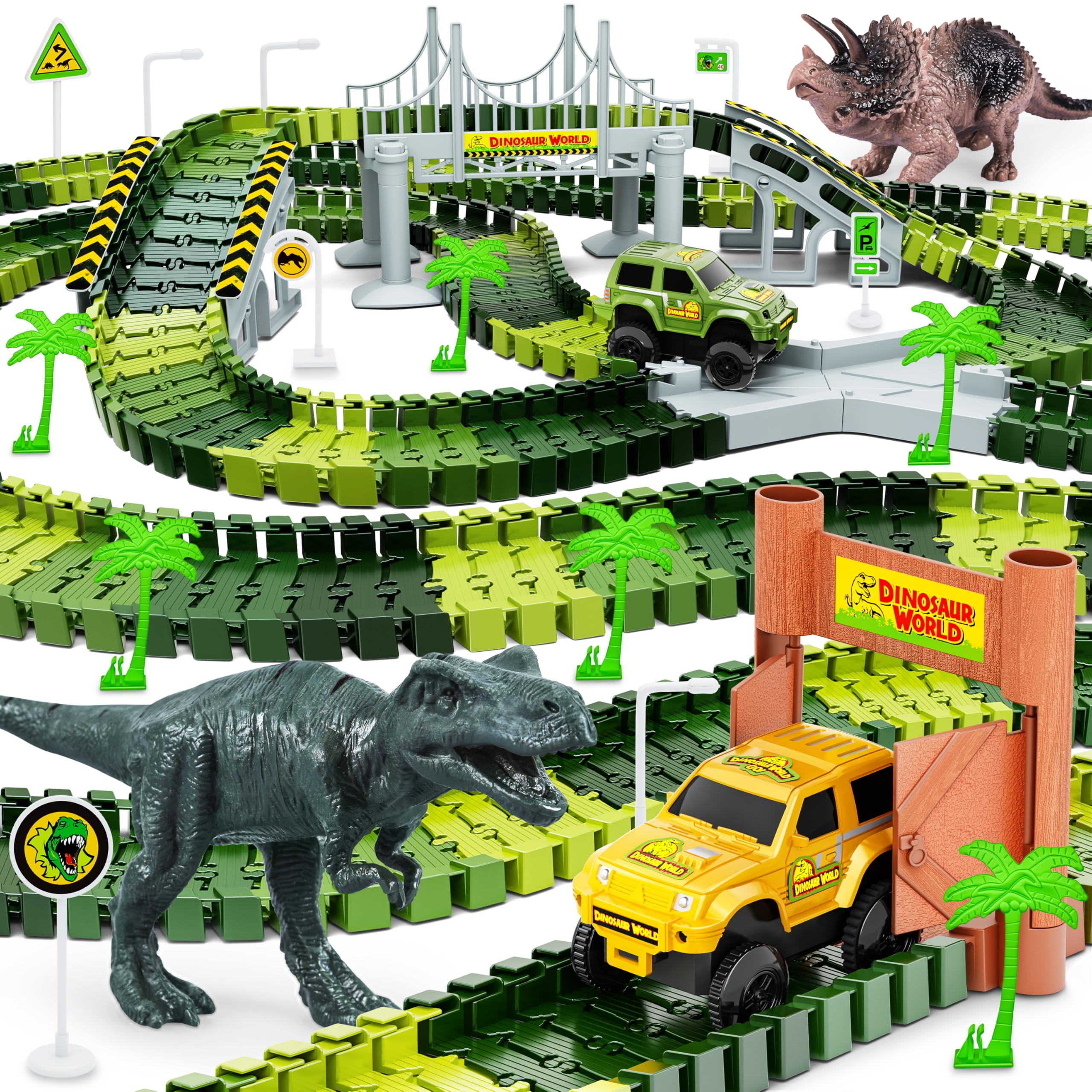 Hony Dinosaur Tracks 271-piece set laid out for imaginative play