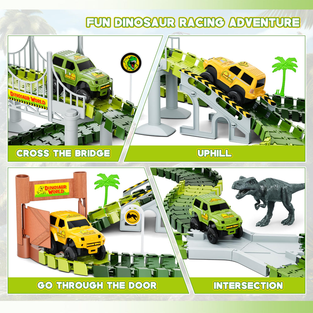 Hony Dinosaur Tracks track pieces forming a colorful, engaging setup