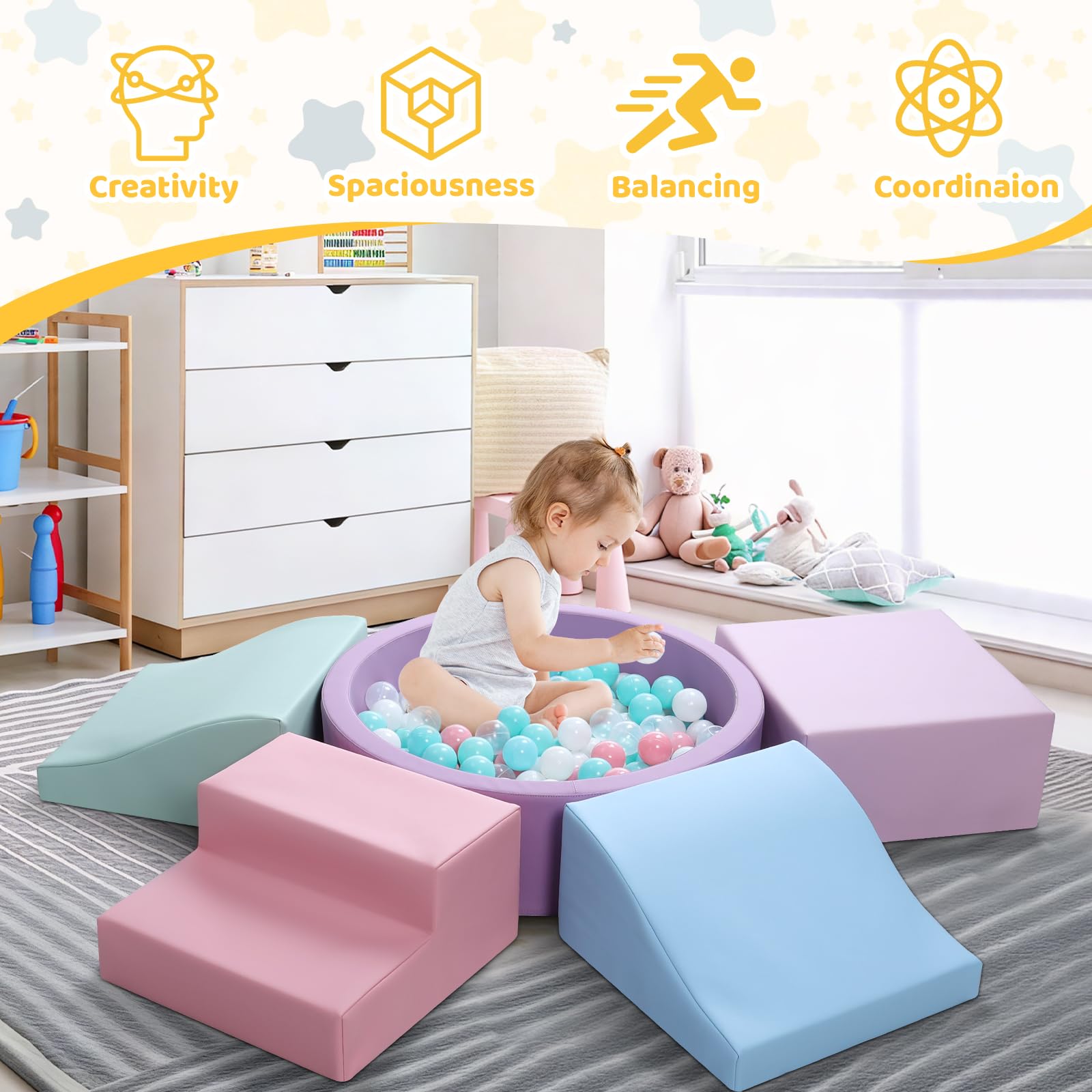 Hoohtoot indoor jungle gym blocks support crawling and coordination in small play spaces.