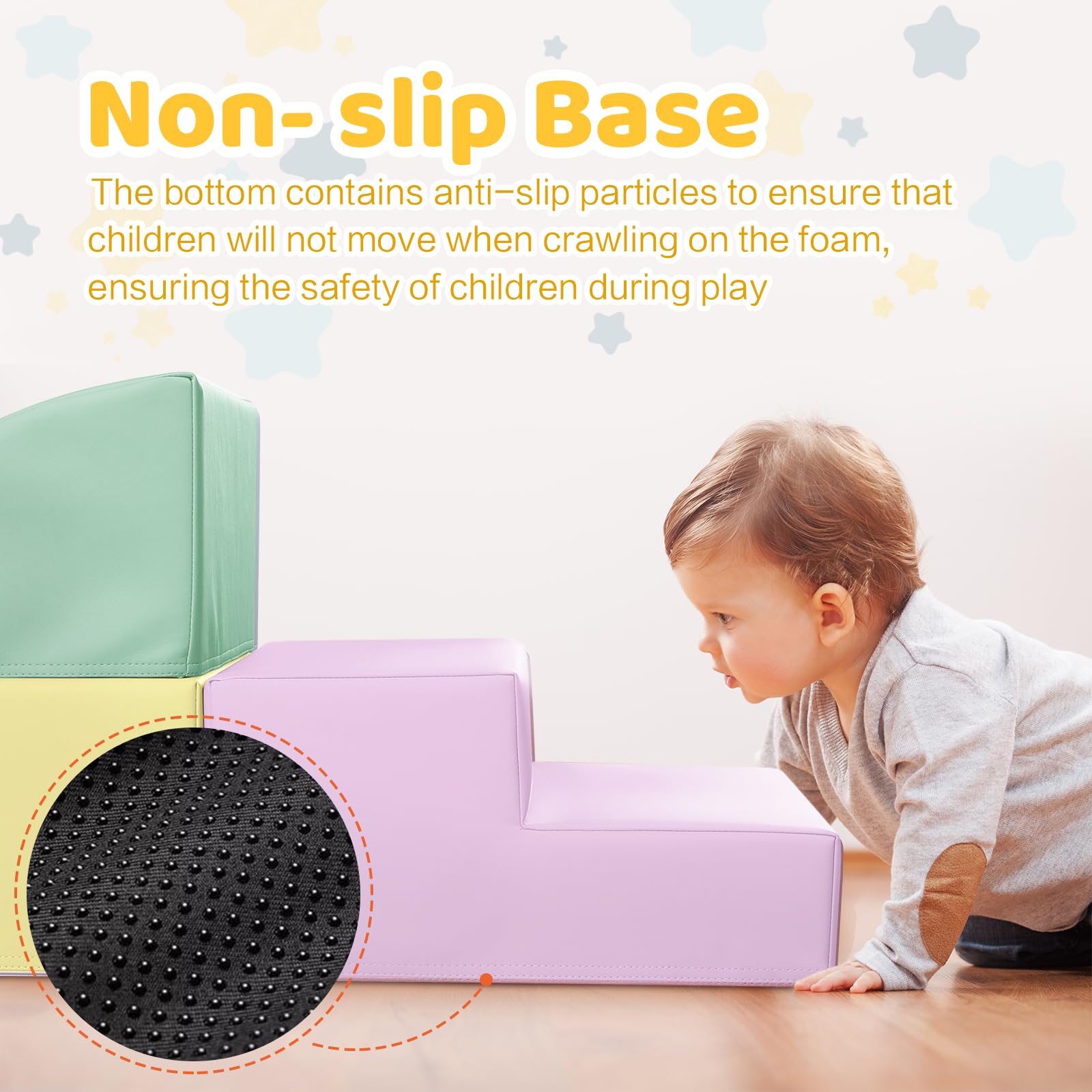 Hoohtoot PU leather-covered blocks provide durable, comfy surface for crawling sessions.