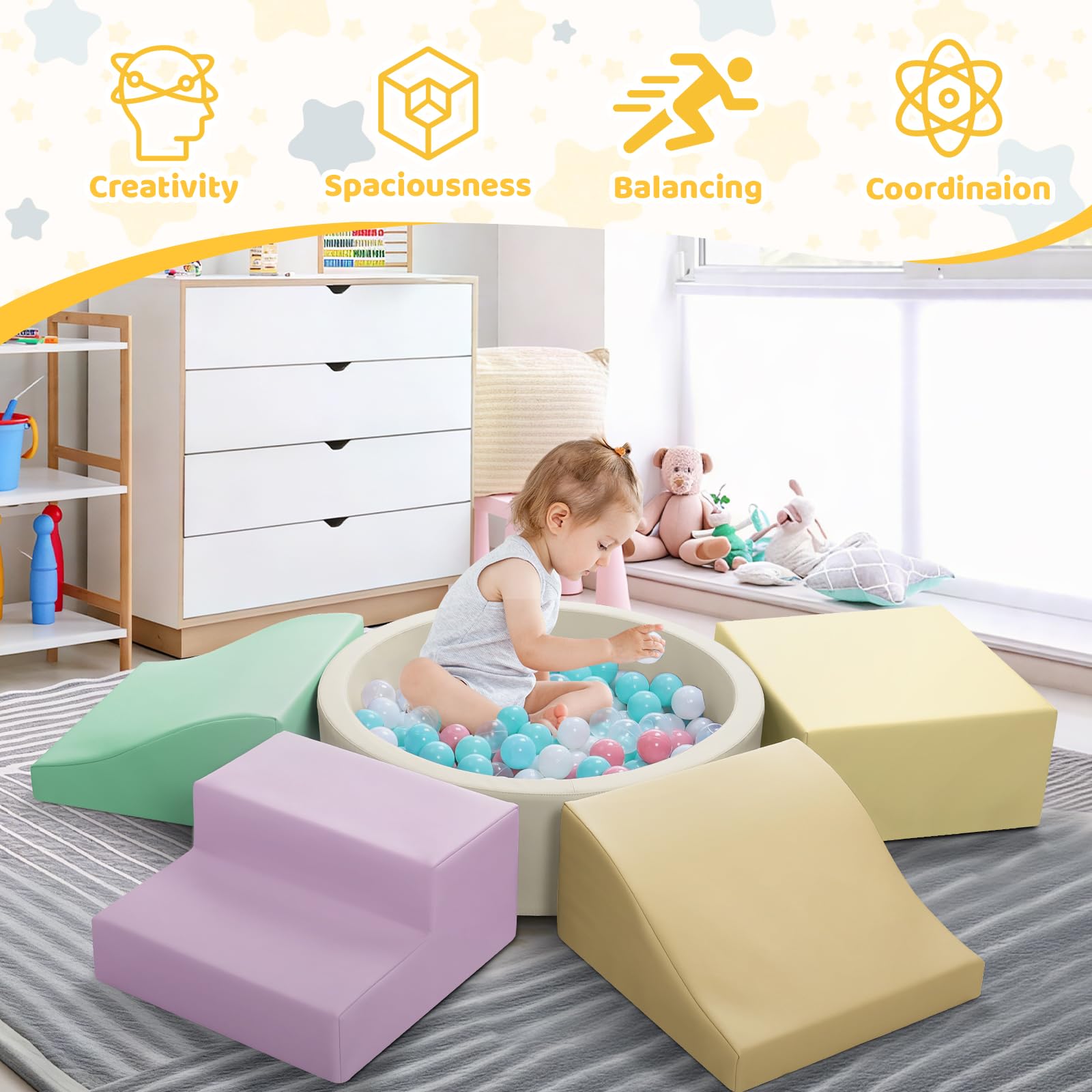 Hoohtoot soft play shapes spark imagination through stacking and rearranging.