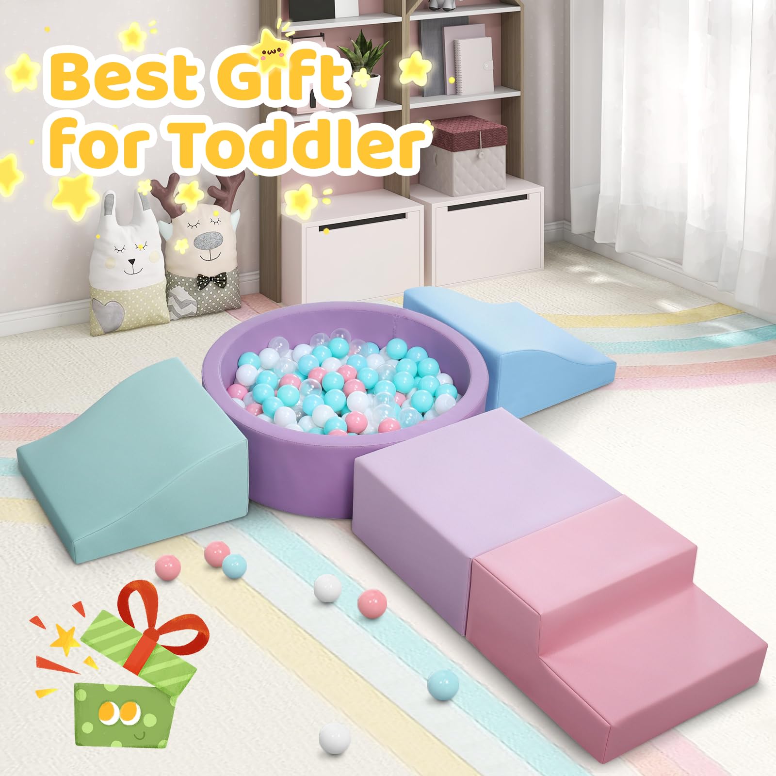 Hoohtoot toddler climbing set fosters cooperative play and sharing among several children.