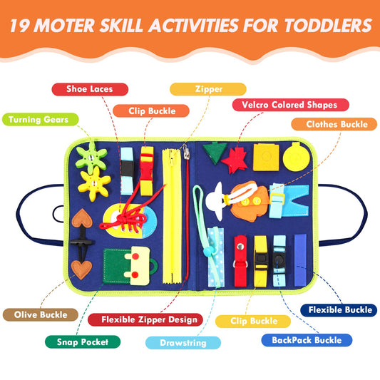 Hooku Busy Board activities pages show zippers, buttons and puzzles for motor skills