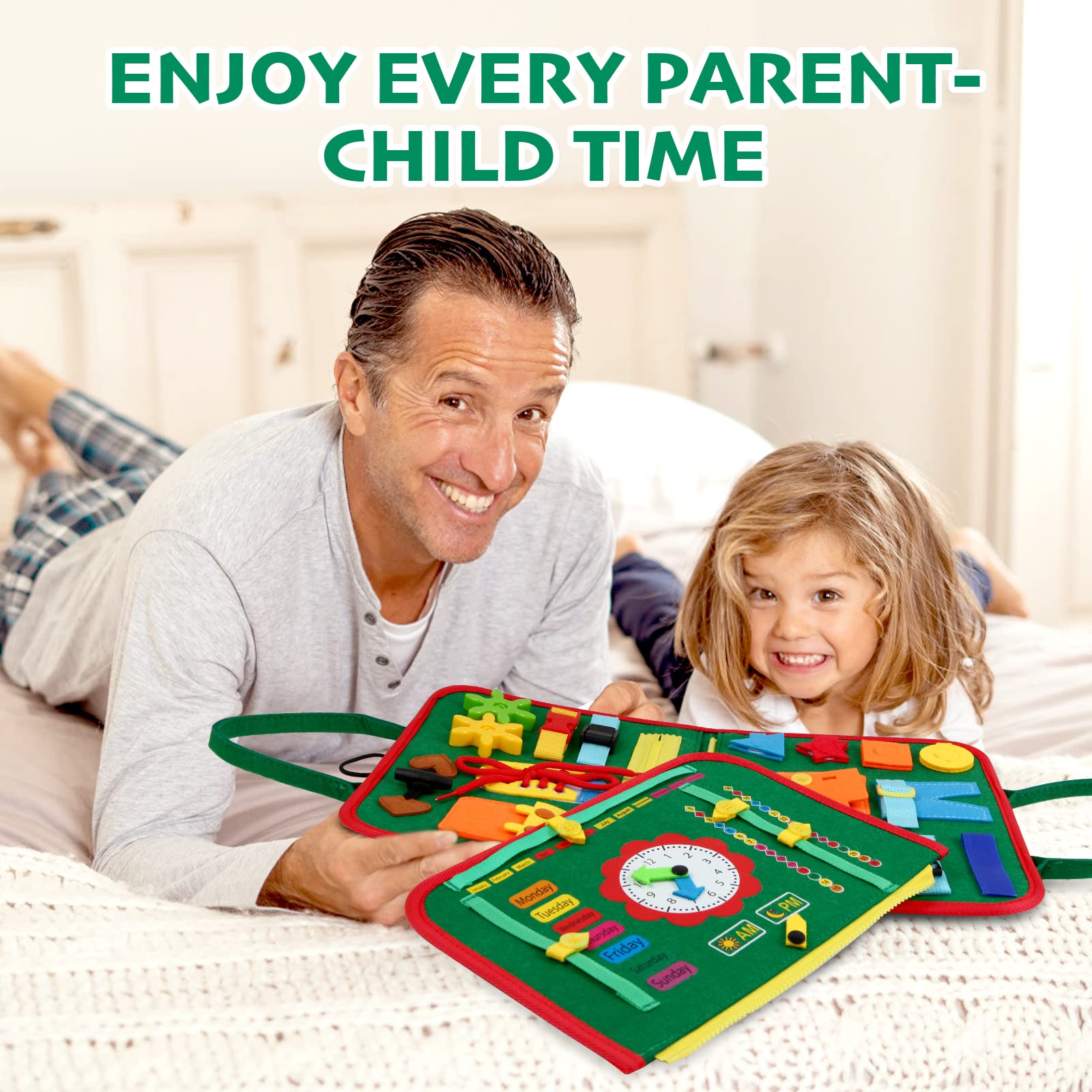 Hooku Busy Board soft felt texture provides safe tactile feedback for little hands