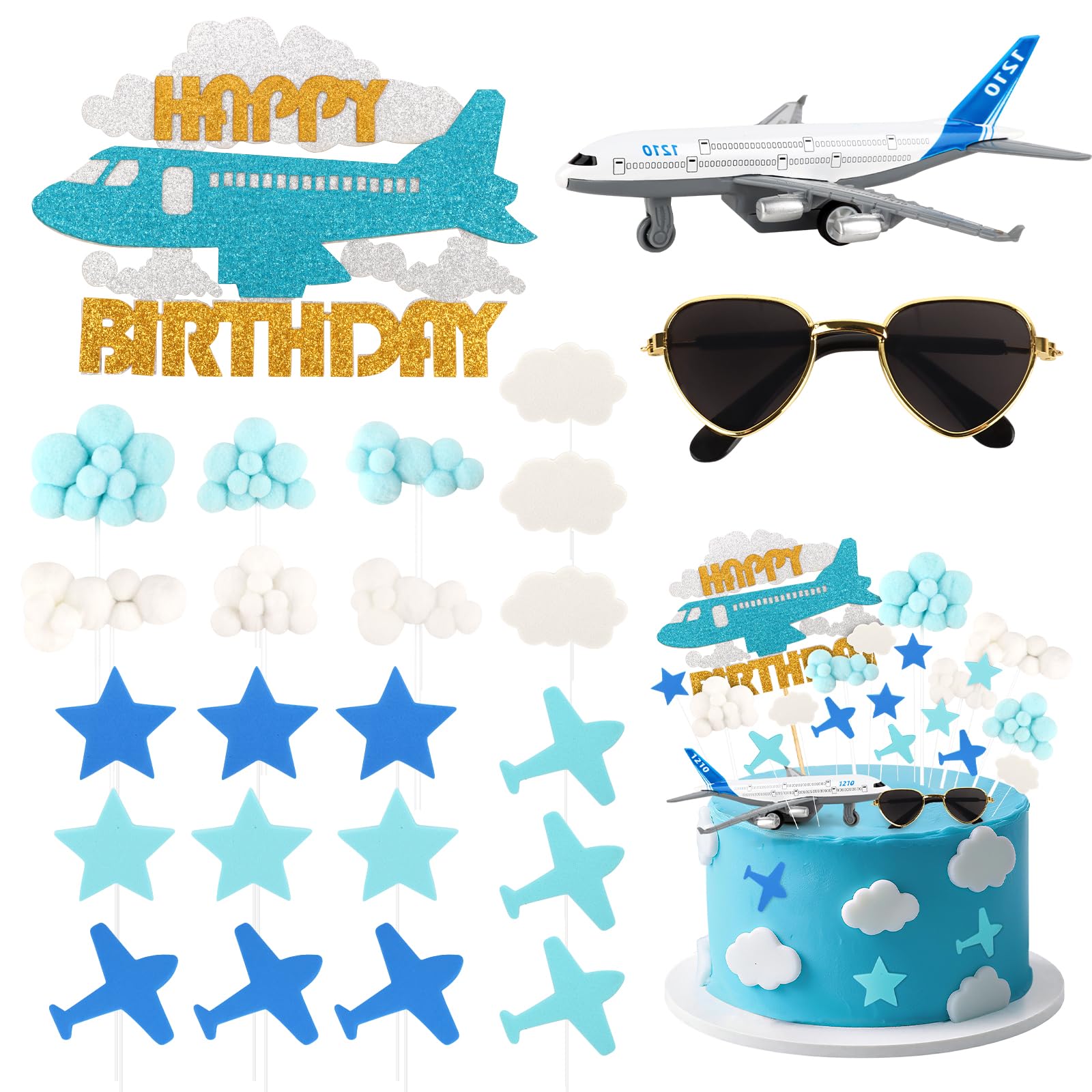 Hooqict airplane topper with blue mini sunglasses adds playful flair to cake.
