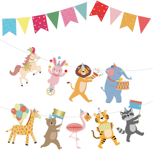 Hooqict animal banner with colorful pennants, ideal as a vibrant wall backdrop for kids' parties.
