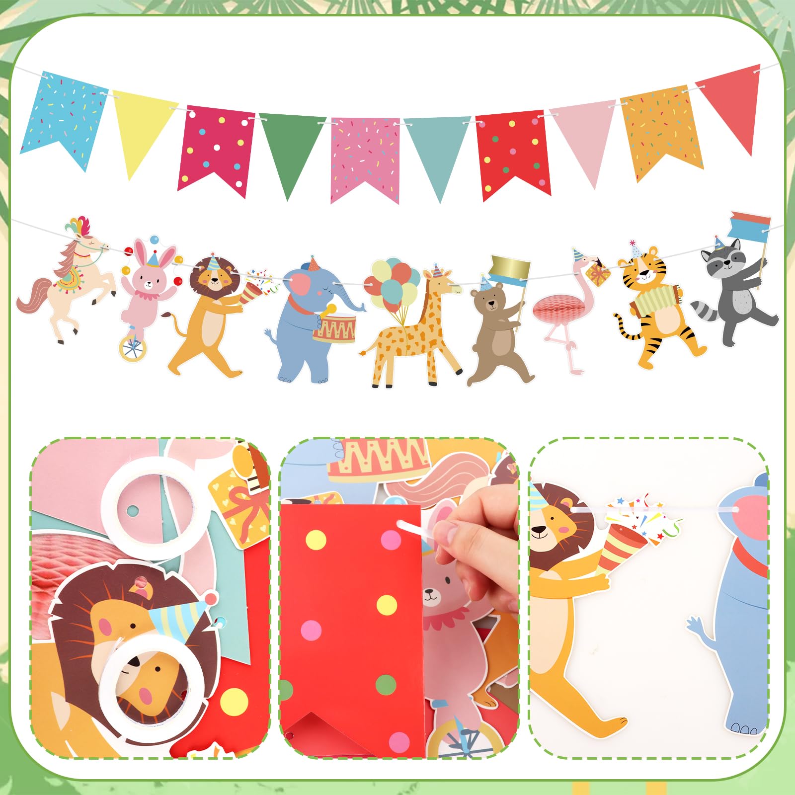 Hooqict animal parade banner, enhances mantel displays with bright party accents.