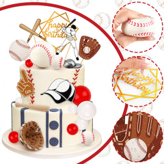 Hooqict cupcake toppers complete the display with coordinated baseball motifs.