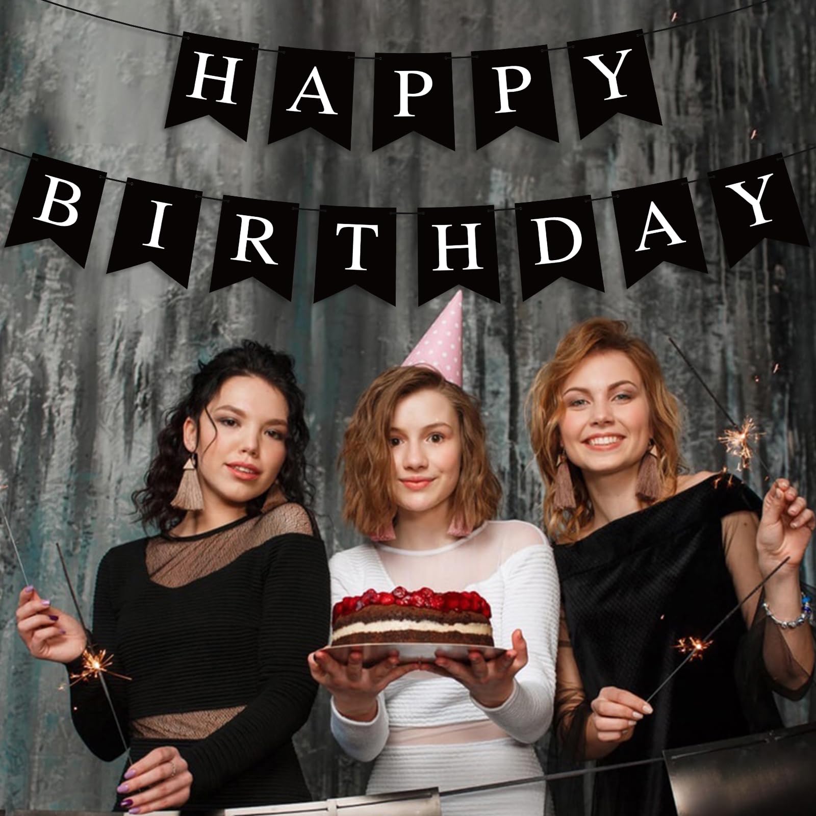 Hooqict black birthday banner hangs on a wall as bold decor
