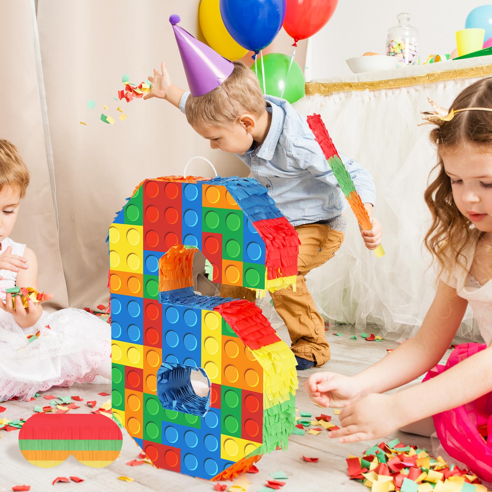 Hooqict blocks pinata dimensions 15.7 by 9 by 3 inches for versatile displays.