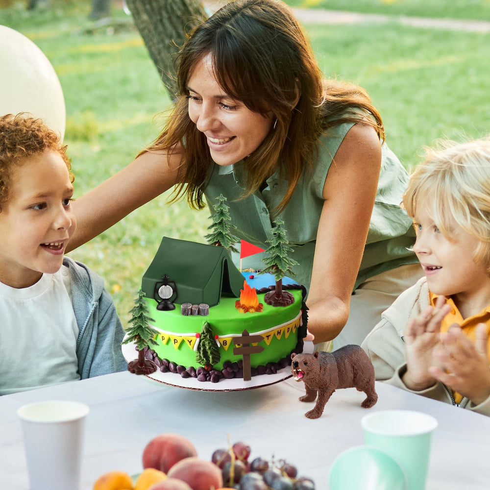 Hooqict camping cake toppers lantern lights up the cake with outdoor ambiance.