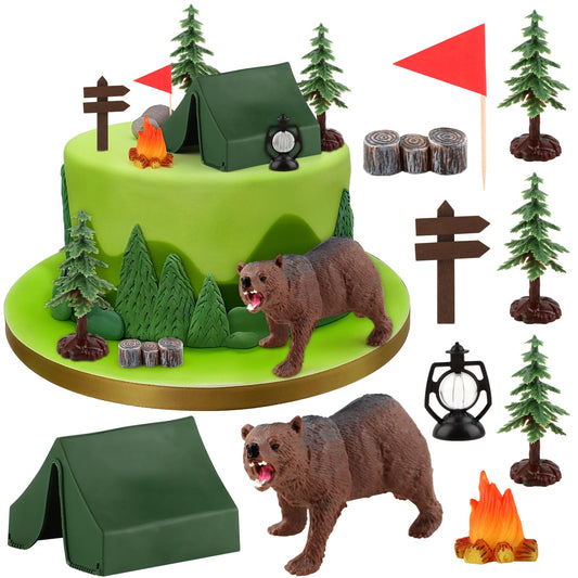 Hooqict camping cake toppers tent highlights a forest adventure for festive cake decoration.
