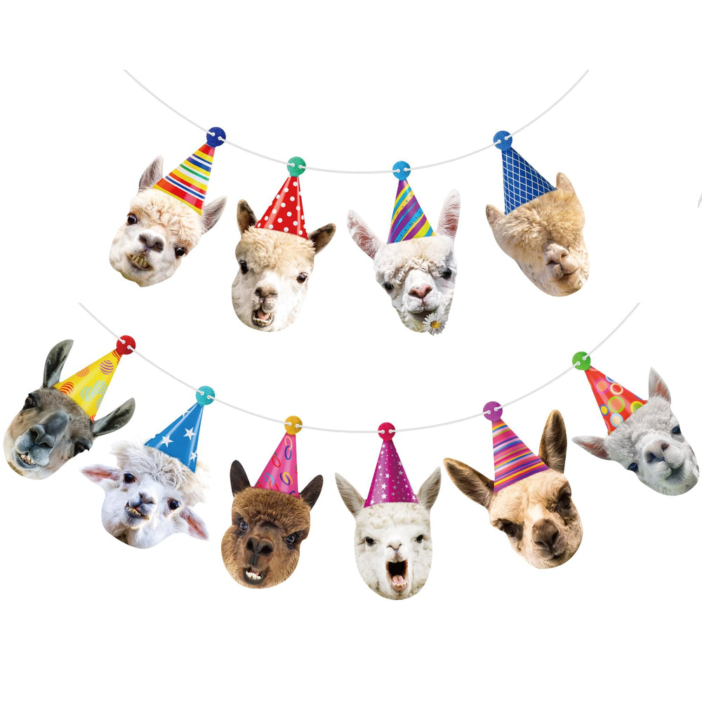 Hooqict llama birthday banner with 10 expressions, ideal for a playful photo backdrop.