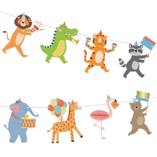 Hooqict Party Animal Banner with eight animal patterns adds vibrant birthday decor.