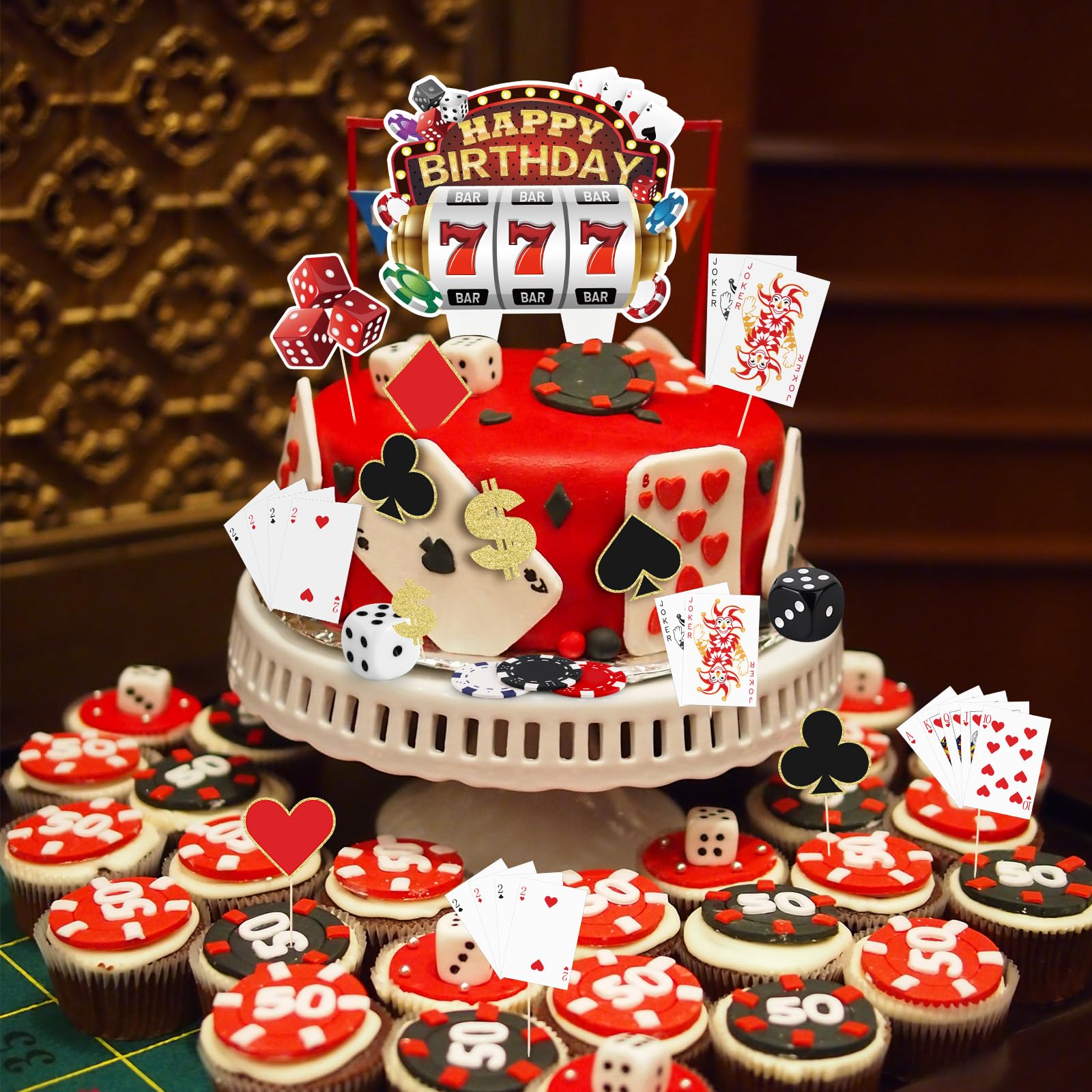 Hooqict poker cake toppers complete a themed dessert display