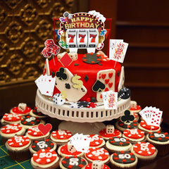 Hooqict poker cake toppers complete a themed dessert display