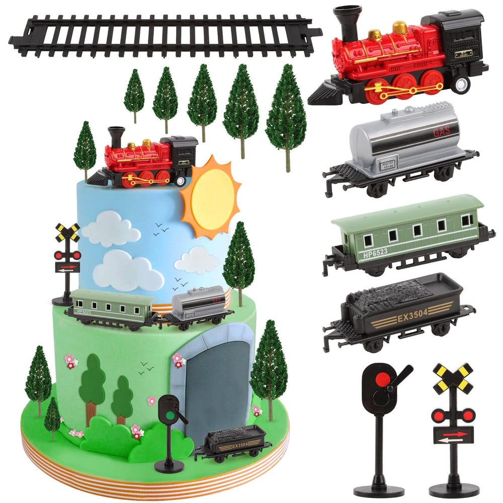 Hooqict train cake topper set enhances the cake with a cohesive train party theme.
