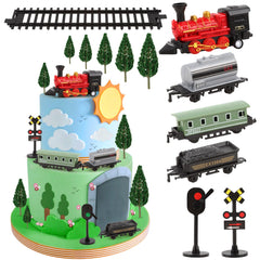 Hooqict train cake topper set enhances the cake with a cohesive train party theme.