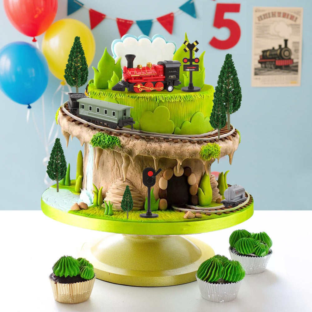 Hooqict train topper set contents shown before decorating on a cake.