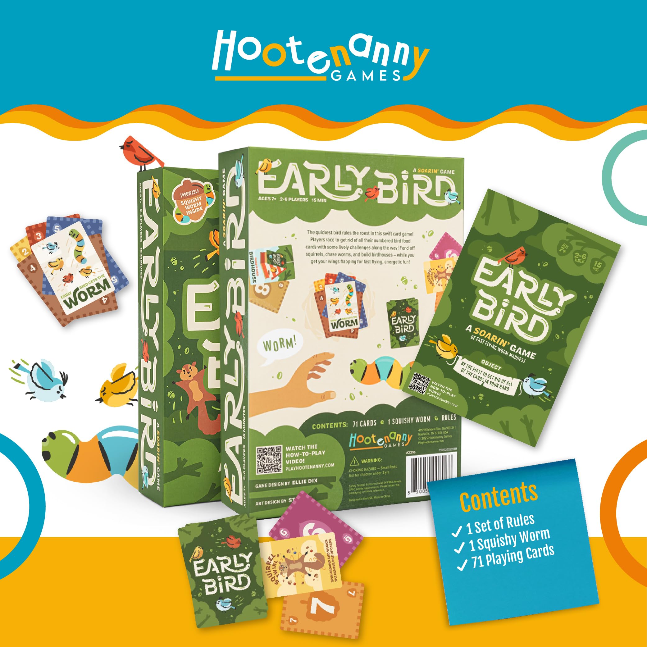 Hootenanny Games Early Bird family-friendly packaging supports easy setup.