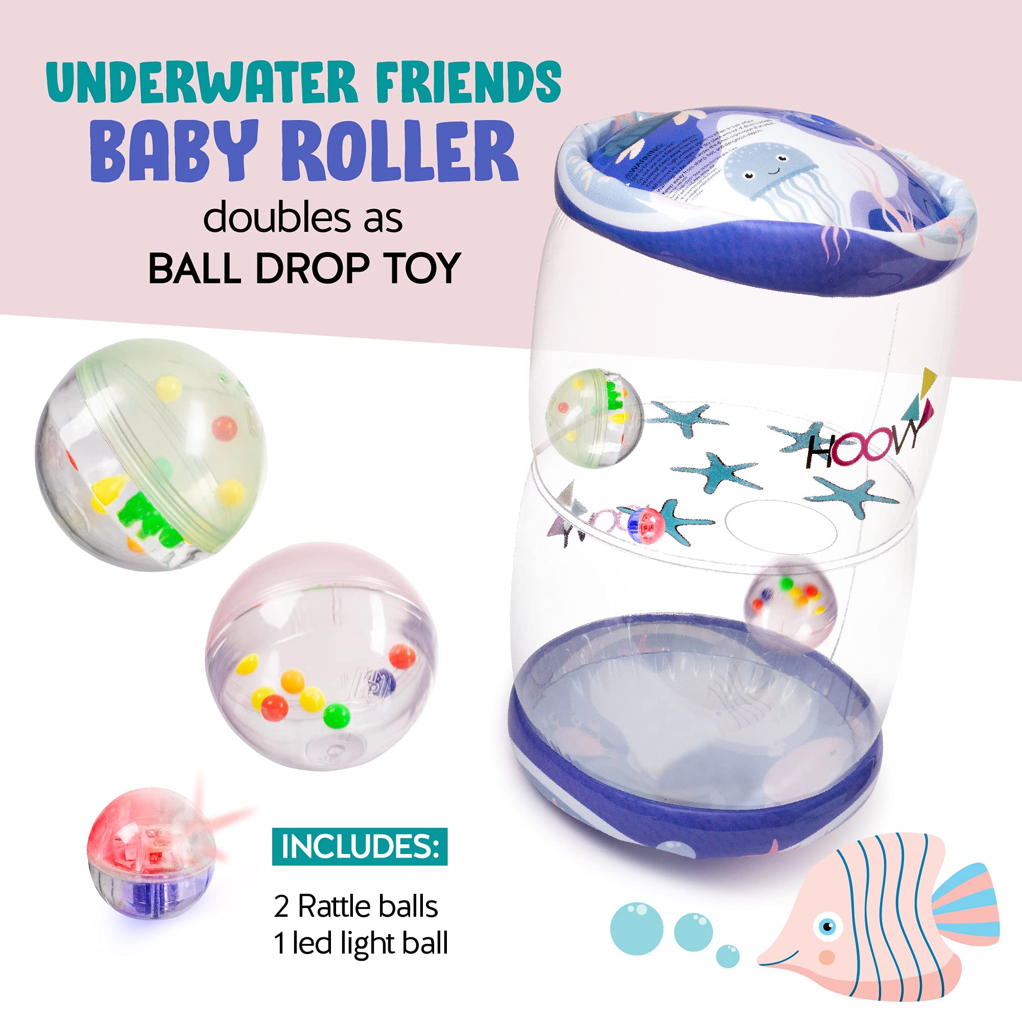 Hoovy baby roller viewing window showcases inner rattle and LED ball for cause-and-effect play.