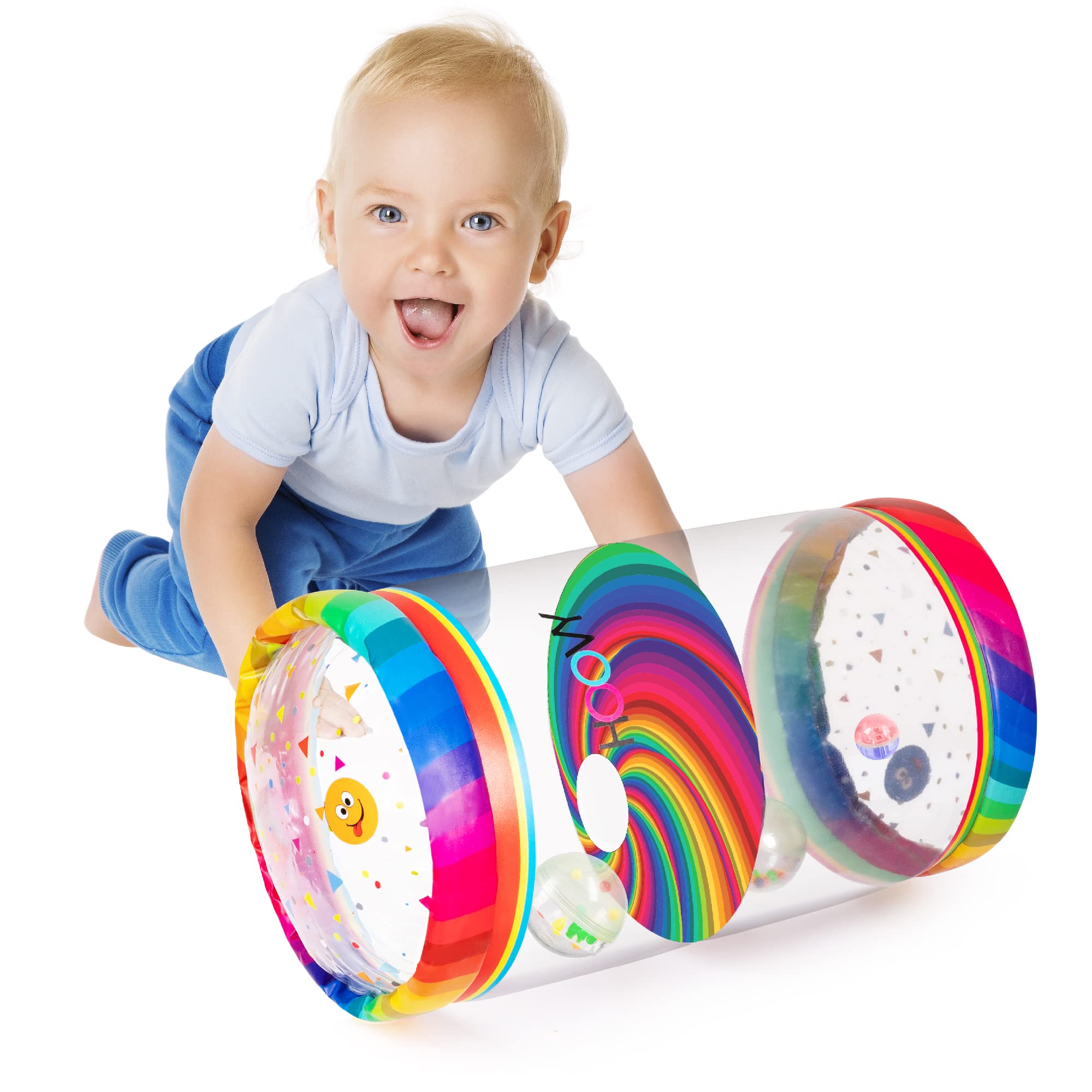 Hoovy Rainbow Swirls infant roller with vibrant colors for tummy time play
