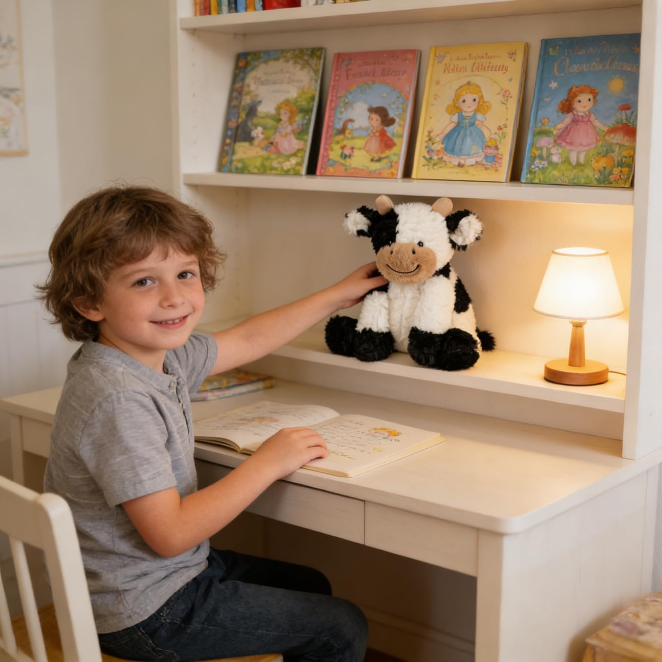 Hopearl 9-inch cow toy demonstrates portable size for travel.