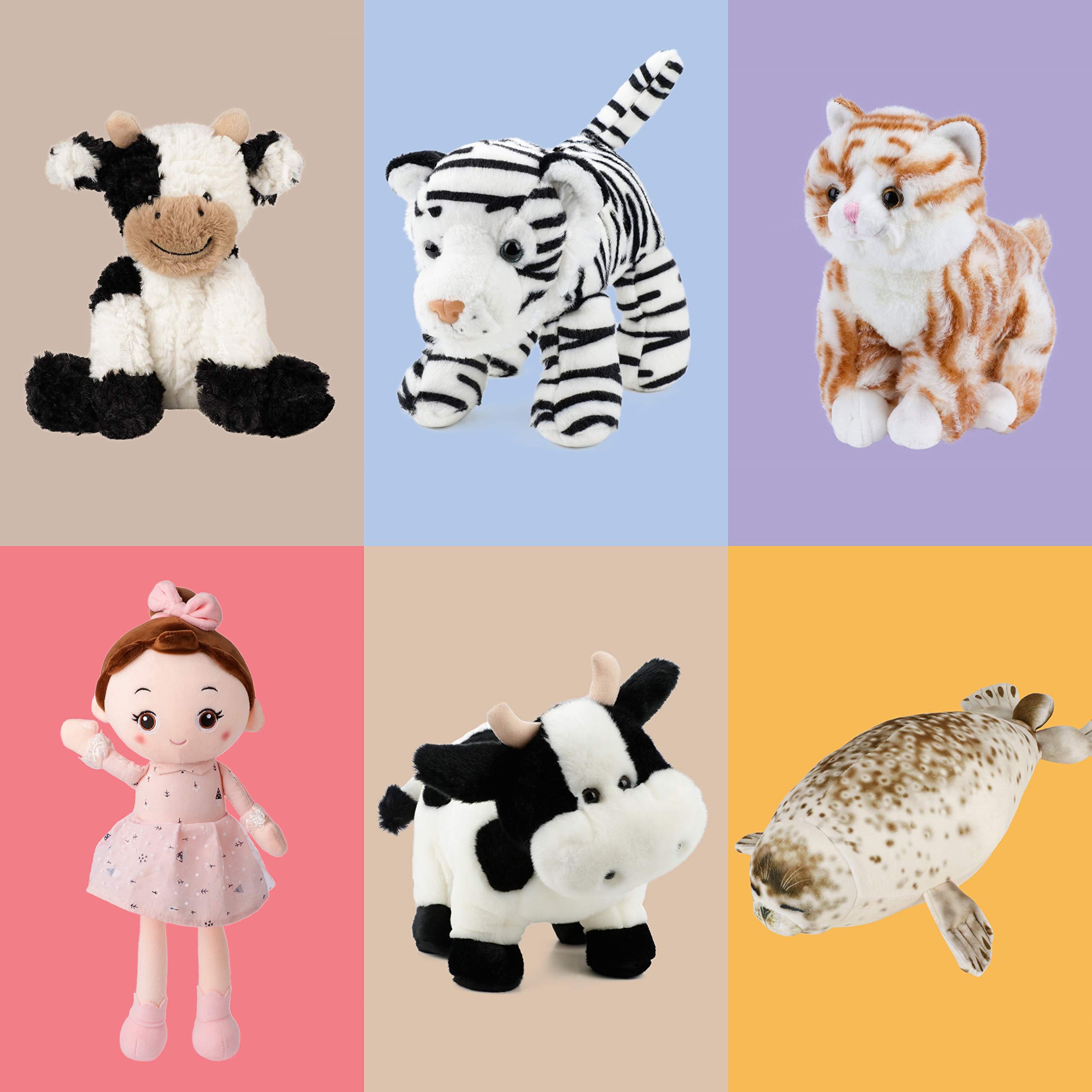 Hopearl soft stuffed cow shows friendly facial details for play.