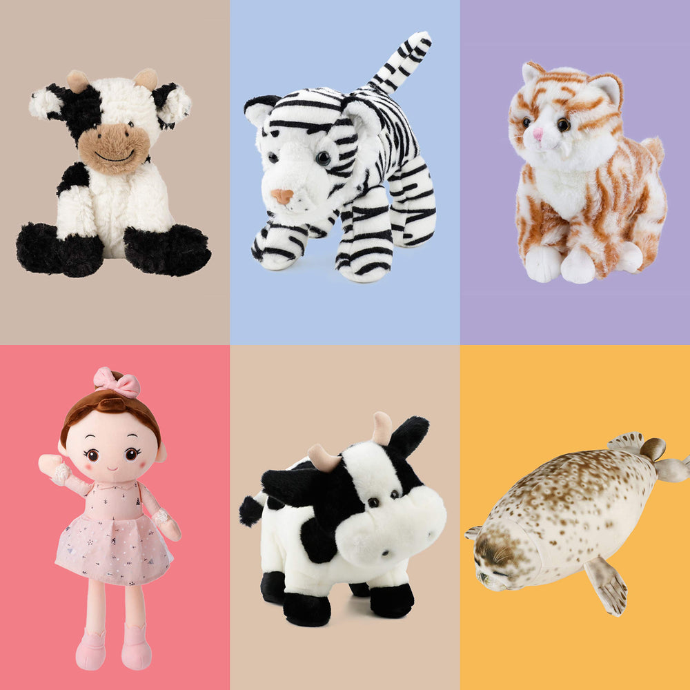 Hopearl soft stuffed cow shows friendly facial details for play.