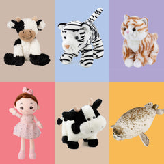 Hopearl soft stuffed cow shows friendly facial details for play.