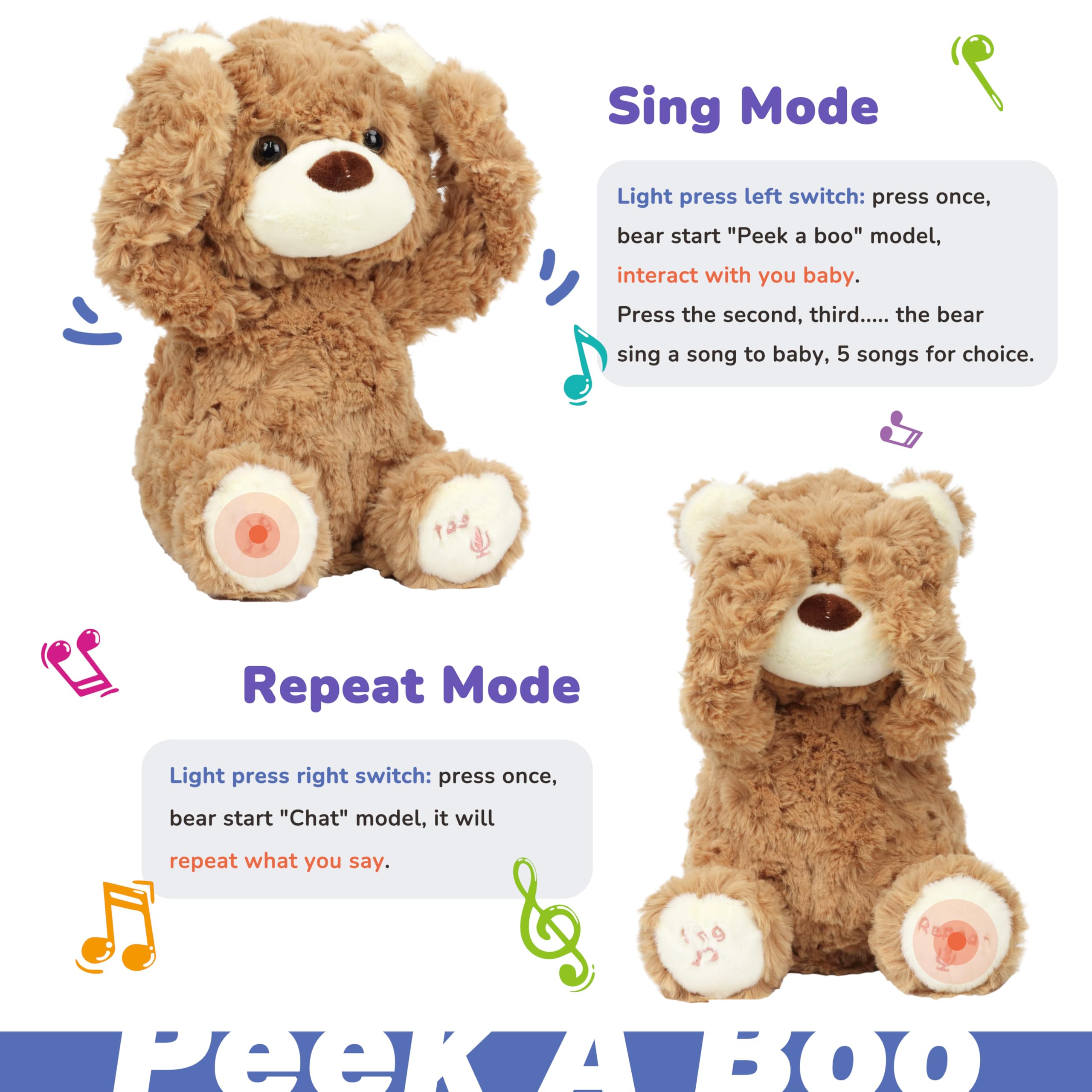 Hopearl Peek A Boo Bear soft plush body offers cozy, safe snuggling.