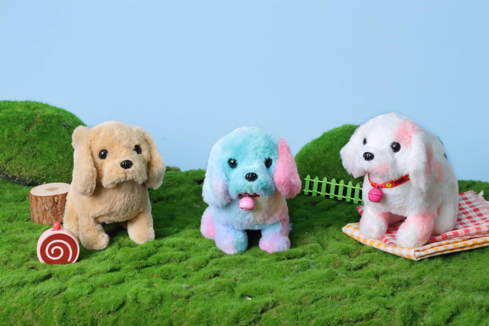 Hopearl Walking Dog with Bell rainbow color; vibrant design adds cheer to playtime