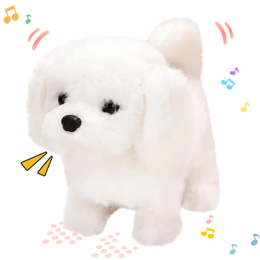 Hopearl walking bichon plush toy demonstrates forward motion and cute sounds for toddler play.