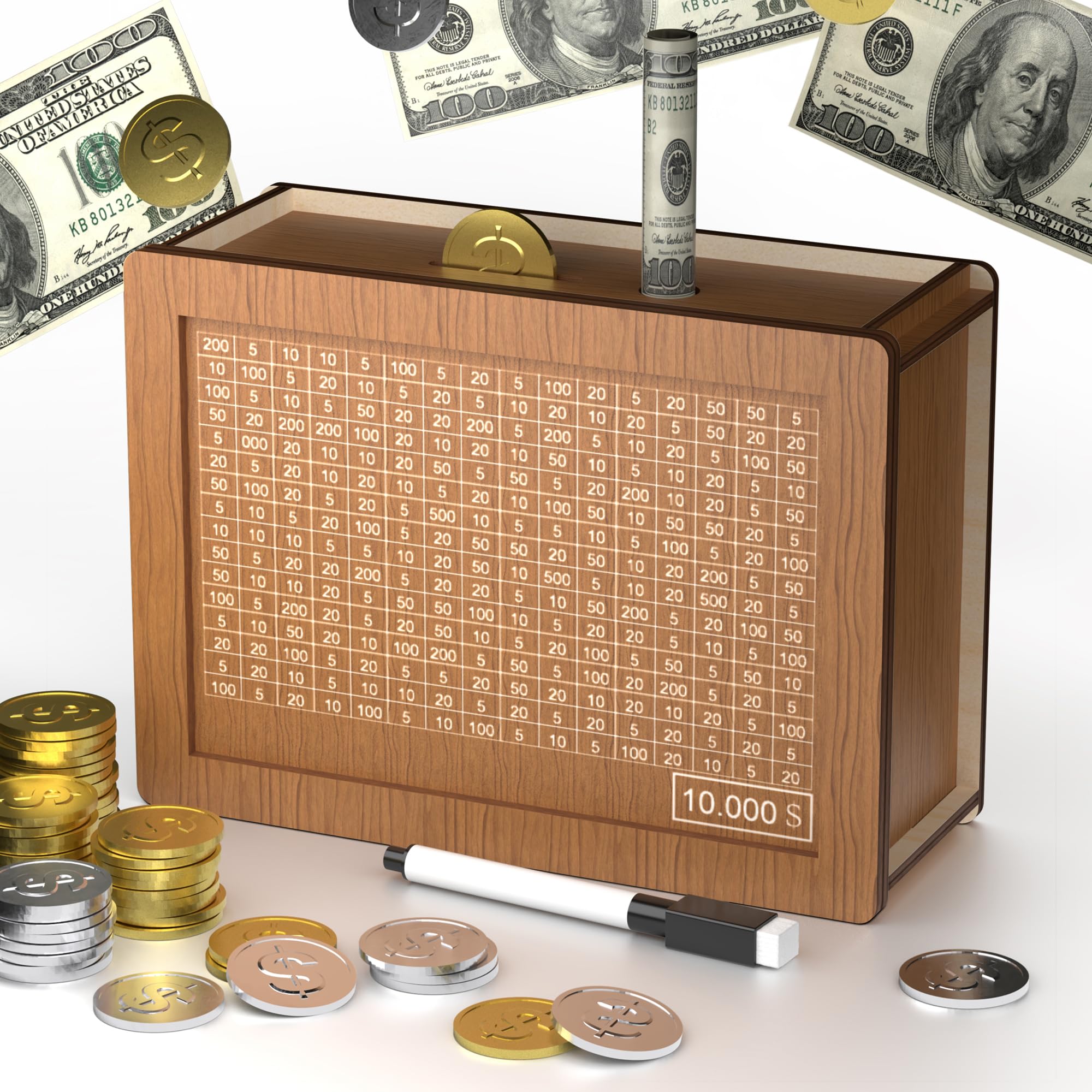 Hopefire 10000 savings box front view highlighting sturdy wooden design for easy storage