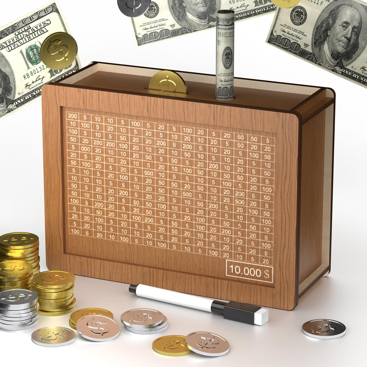 Hopefire 10000 savings box front view highlighting sturdy wooden design for easy storage