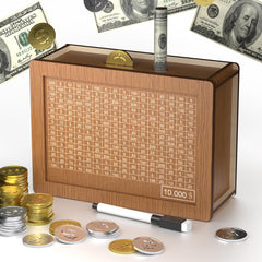 Hopefire 10000 savings box front view highlighting sturdy wooden design for easy storage
