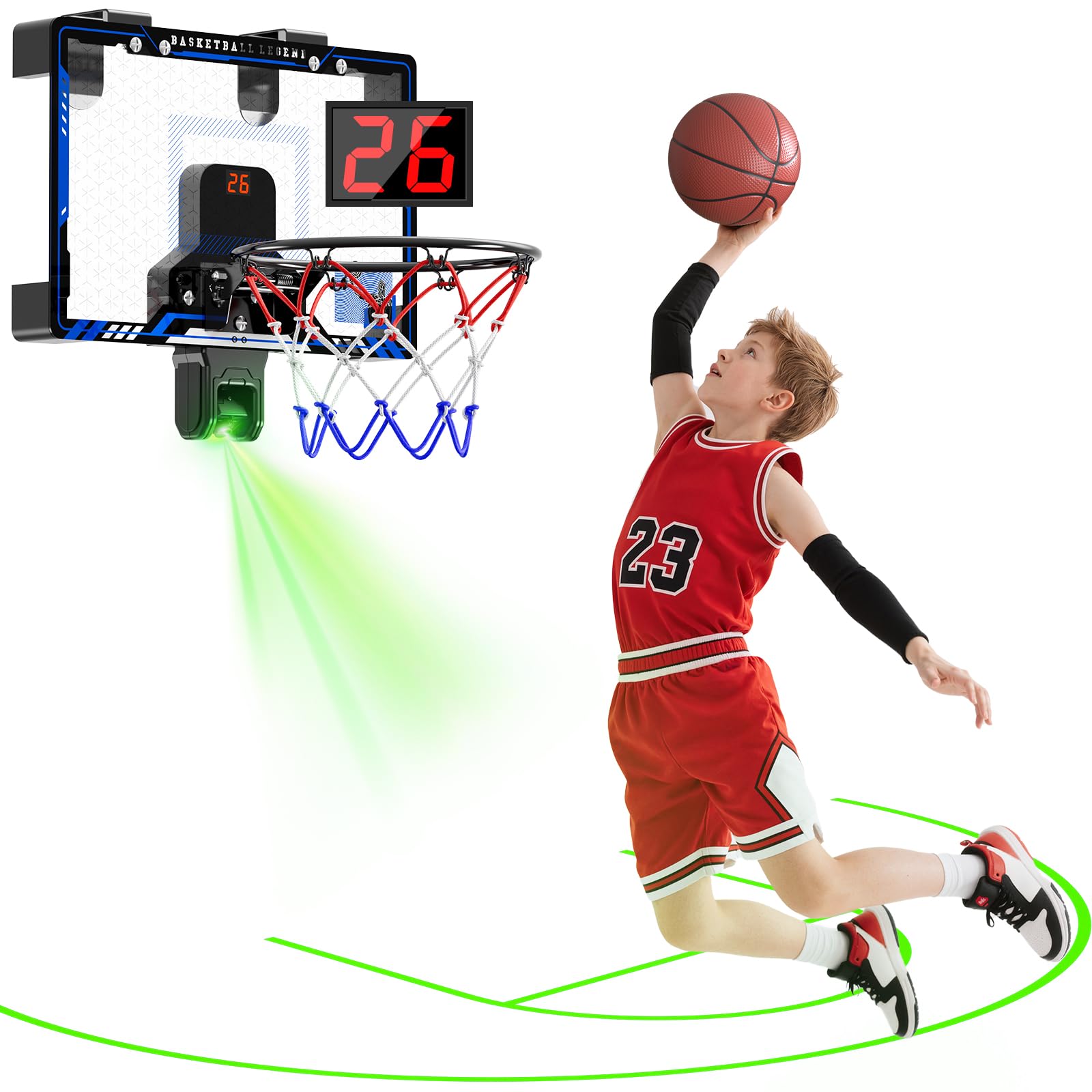HopeRock indoor hoop with projected court and real-time scoring for immersive play.