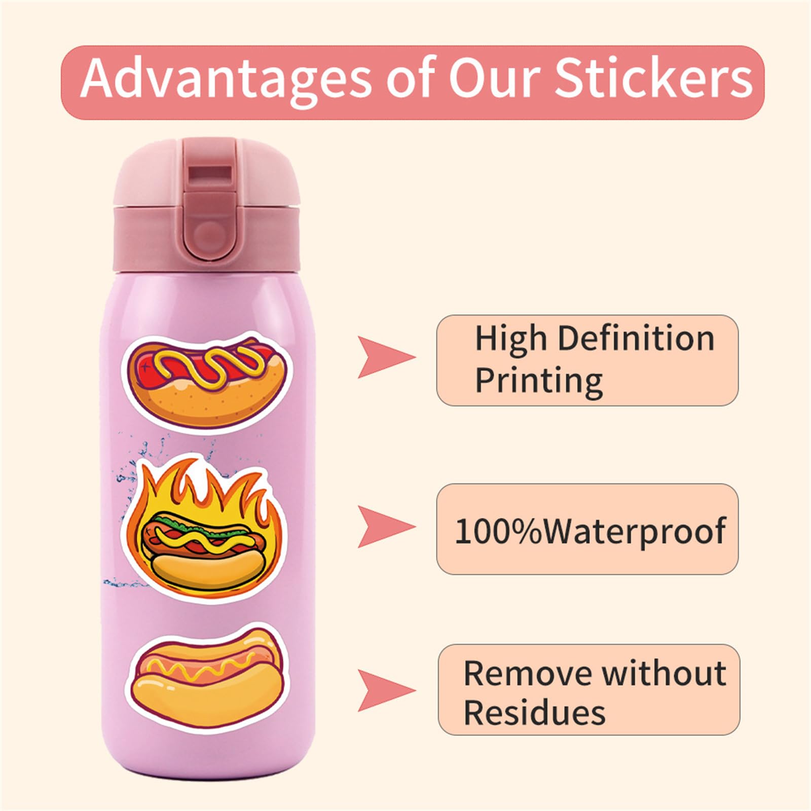 Hopetl hot dog stickers on scrapbooks, bright patterns with no residue.