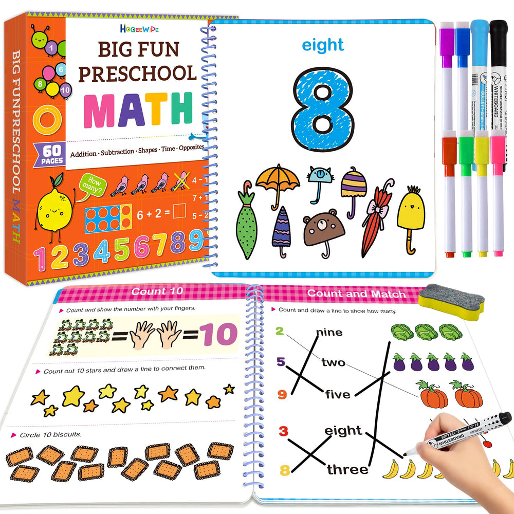 HOQEEWIPE preschool math workbook cover motivates early learning with bright illustrations.