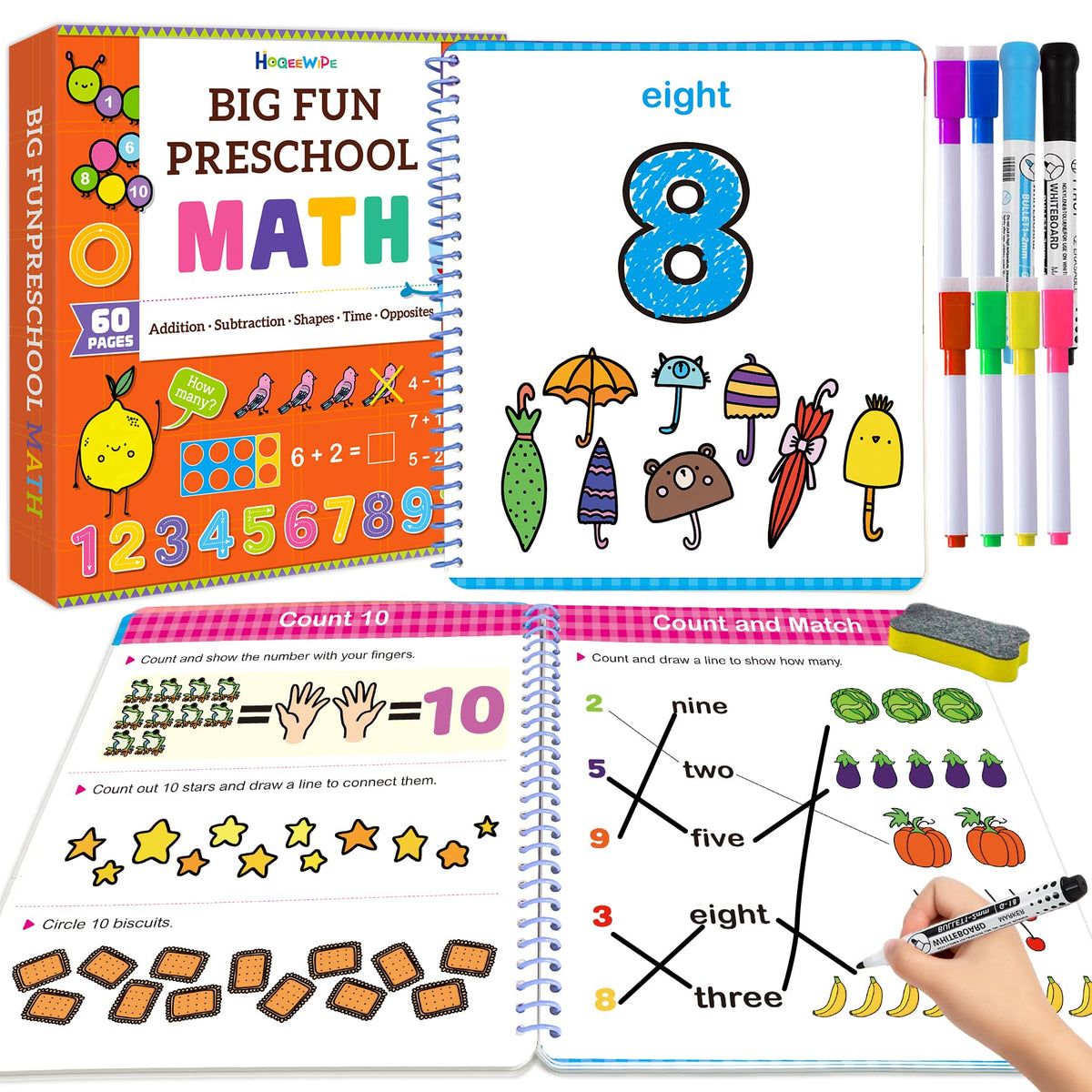 HOQEEWIPE preschool math workbook cover motivates early learning with bright illustrations.