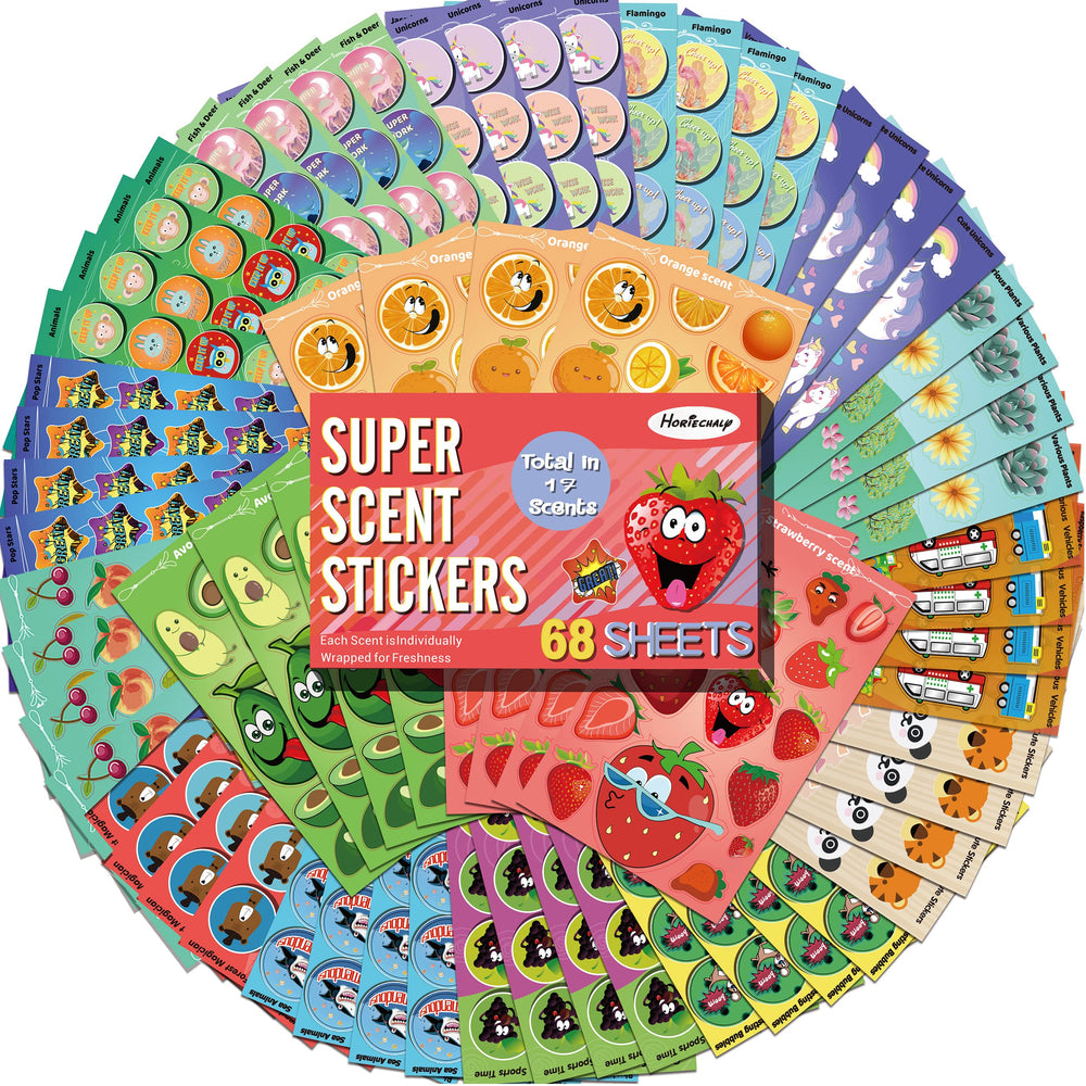 HORIECHALY scratch and sniff stickers set shown with 68 sheets for classroom rewards