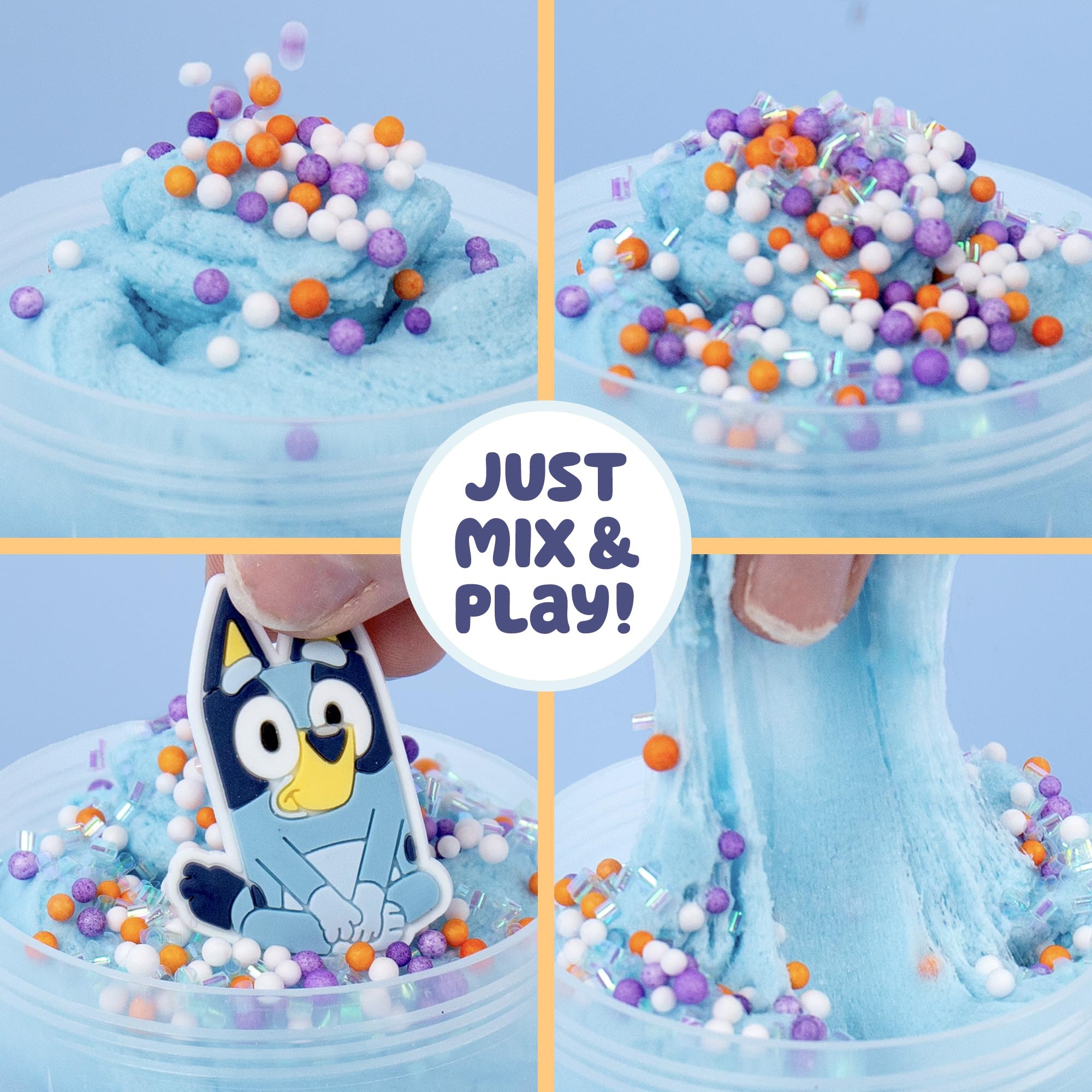 Iridescent blue glitter enhances the Bluey SLIMYGLOOP shimmer while you stretch