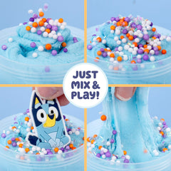Iridescent blue glitter enhances the Bluey SLIMYGLOOP shimmer while you stretch