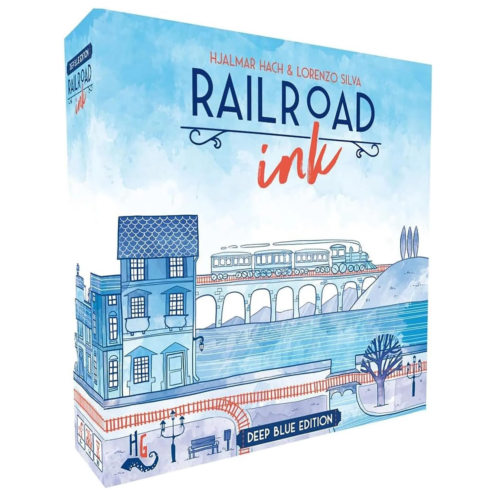Horrible Guild Railroad Ink Deep Blue Dice show waterways for strategic route planning.