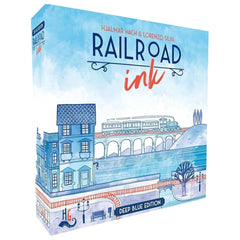 Horrible Guild Railroad Ink Deep Blue Dice show waterways for strategic route planning.