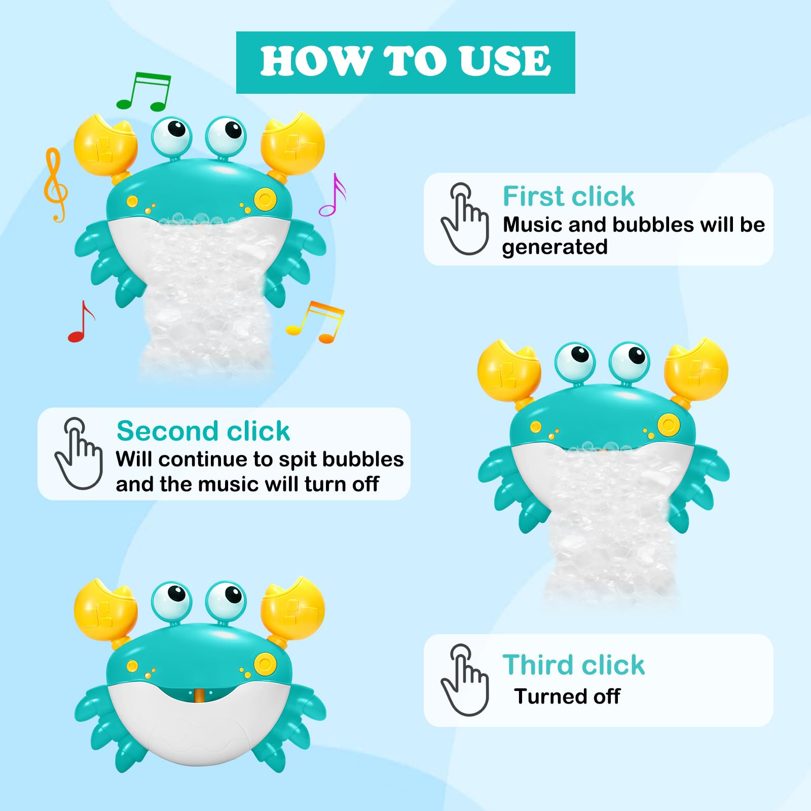 HOSBENI Crab bath toy demonstrating music function for cheerful baths.