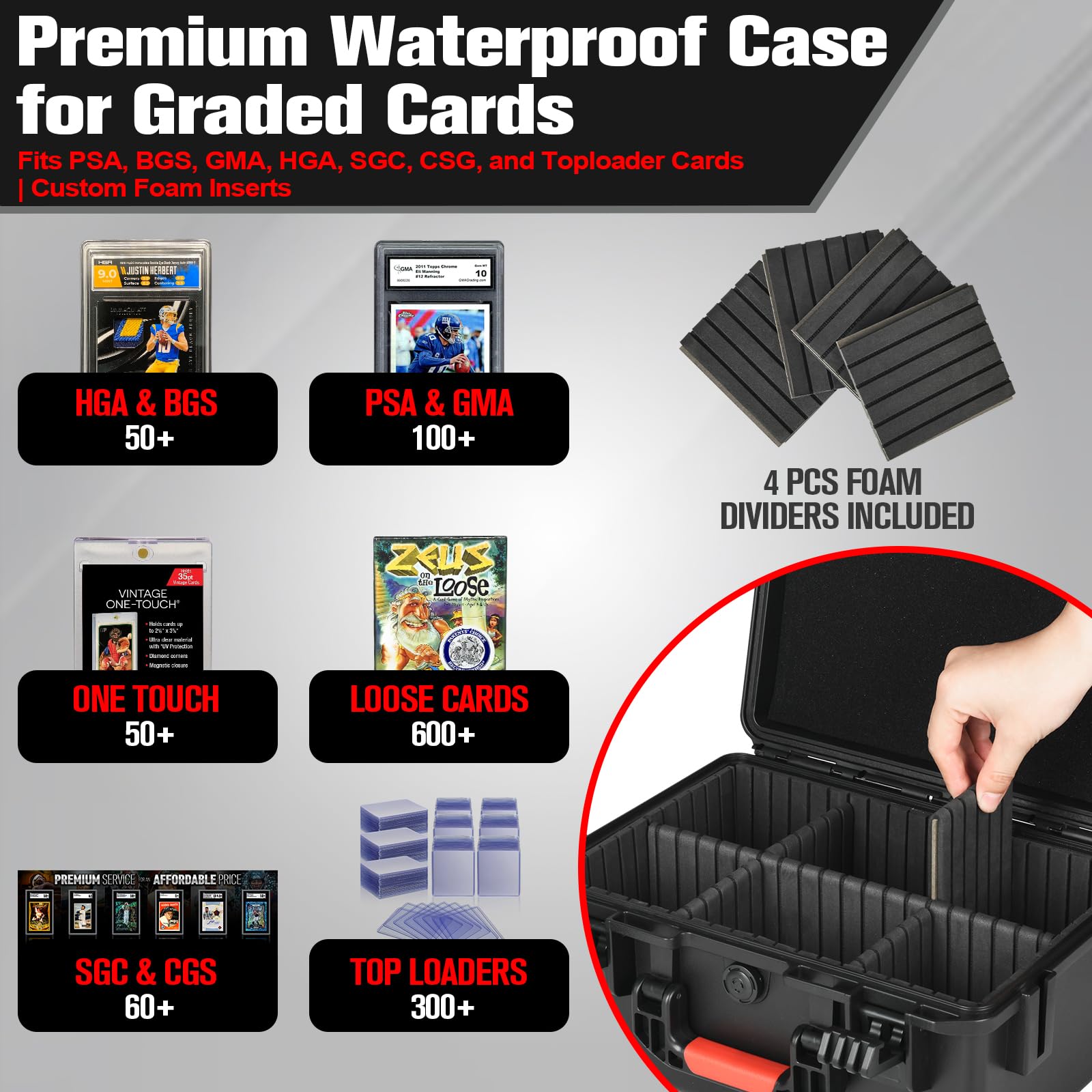 HOSOCASE Sports Card Case lid open interior reveals divider system for easy sorting