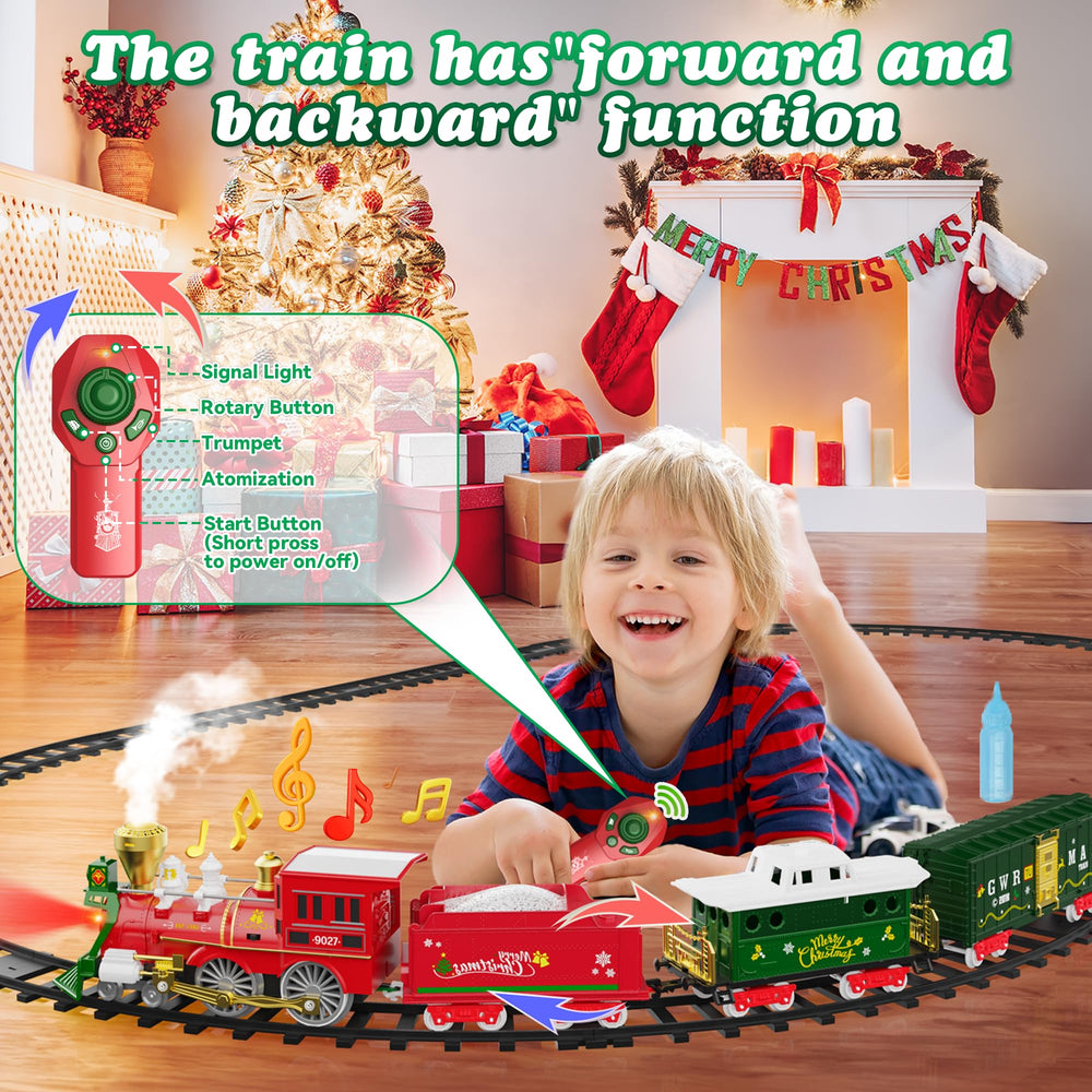 Hot Bee Christmas Train Set with lights, sounds, and smoke for immersion.