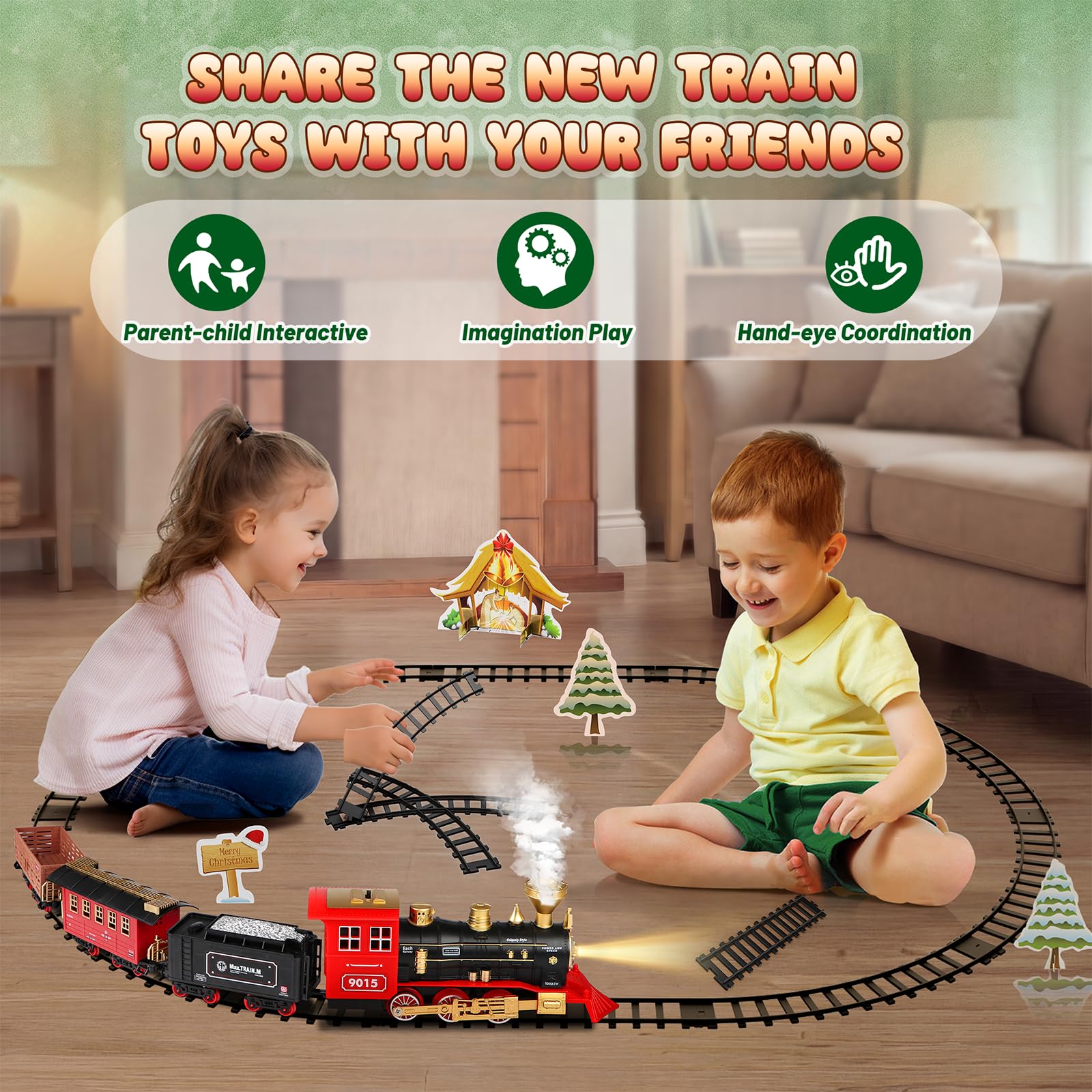 Hot Bee train set under Christmas tree creates festive scene.