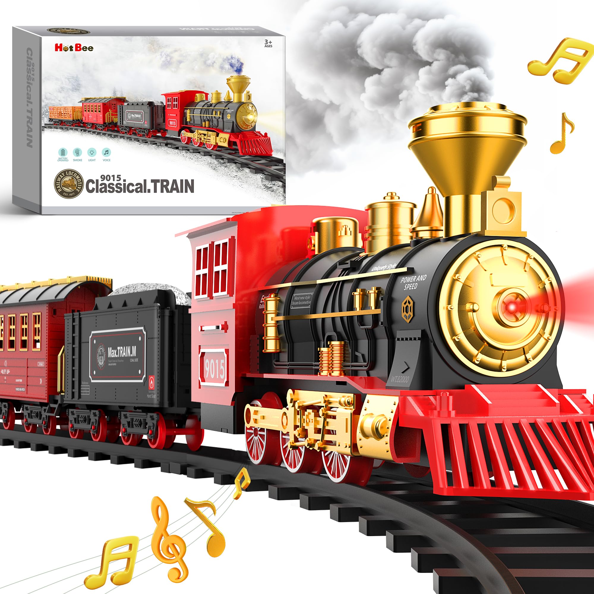 Hot Bee train set locomotive engine with lights and smoke for realistic play.
